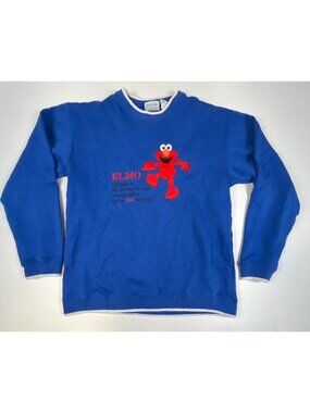 Vintage Sesame Street Women M Elmo Ringer Sweatshirt Blue Graphic Spellout Knit